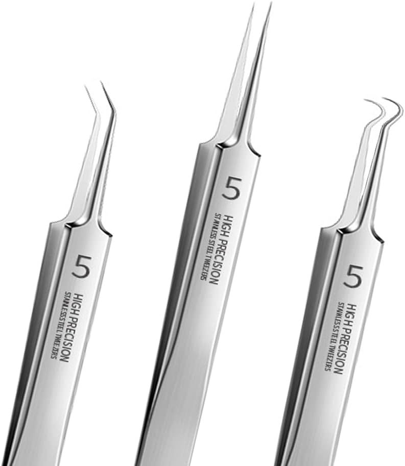 BLAAROOM Professional Facial Blackhead Remover Tweezers,3Pcs Precision Pimple Popper Tool Kit for Whitehead Ance Blemishs Comedones Stainless Steel Makeup Tool - Glossy - Image 1